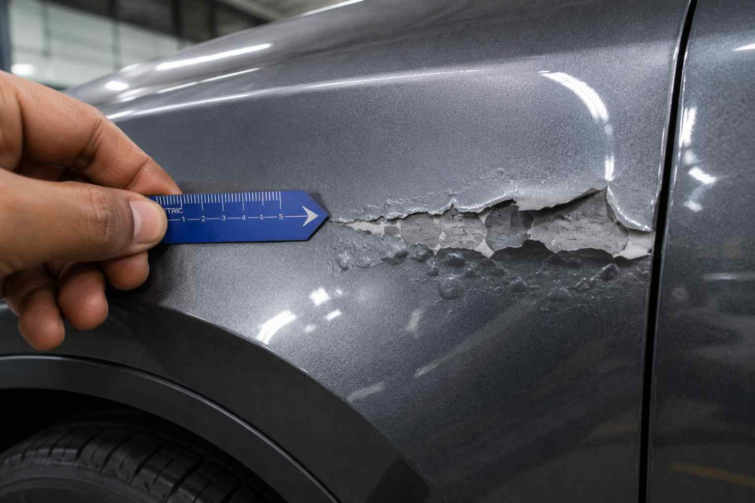 Automotive paint failure line inspected to identify the coating layer involved
