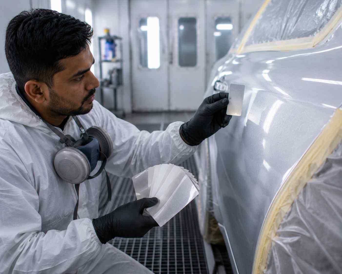 Automotive painter reviewing the refinish product system before giving fresh-paint wash guidance