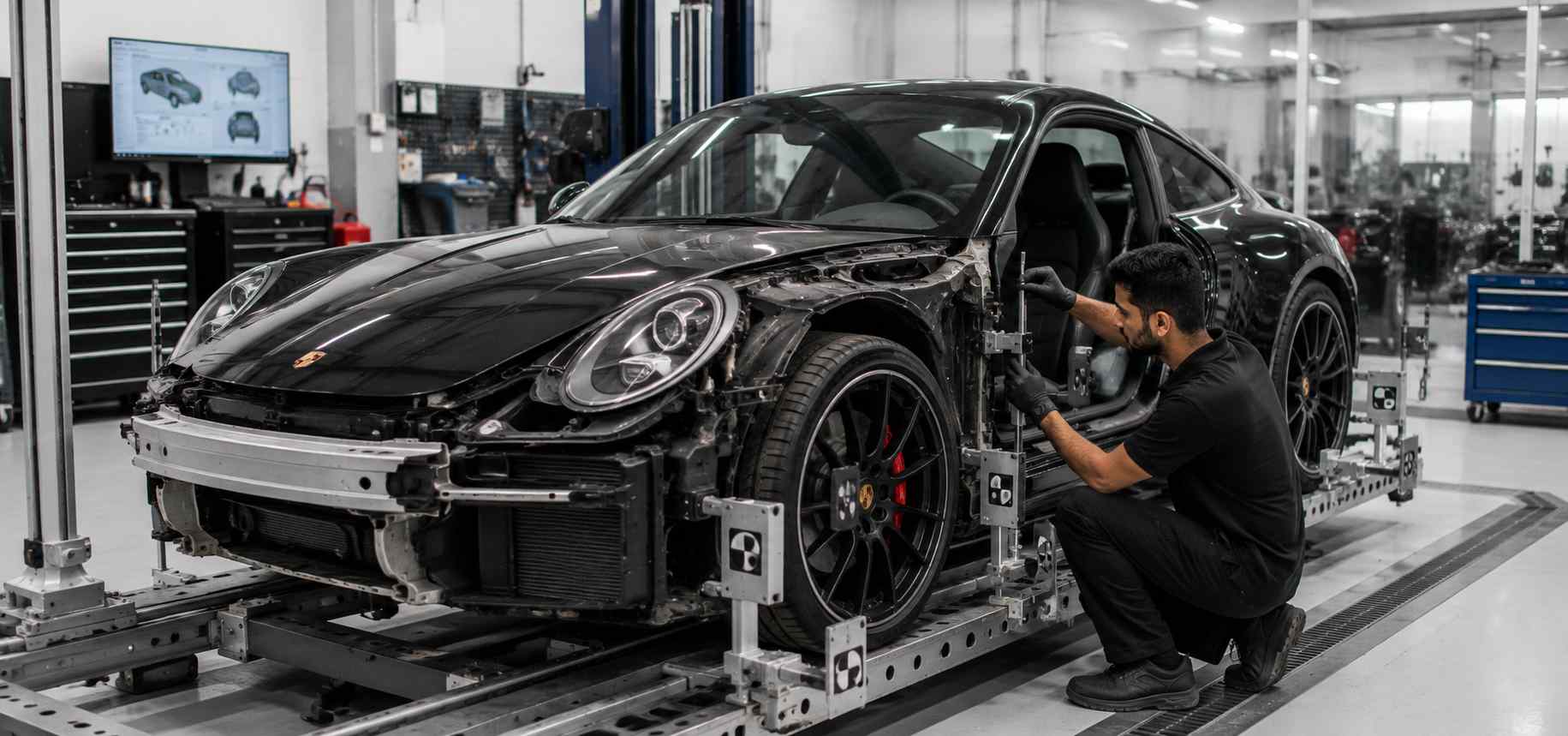 Porsche 911 Body Repair Dubai Porsche 911 undergoing professional body repair assessment in a Dubai workshop