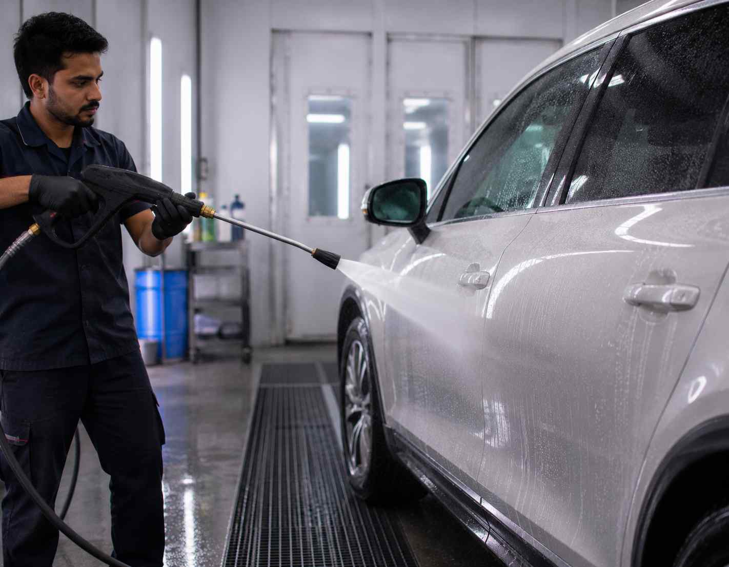 Pressure washer kept at a controlled angle and distance from freshly painted vehicle edges