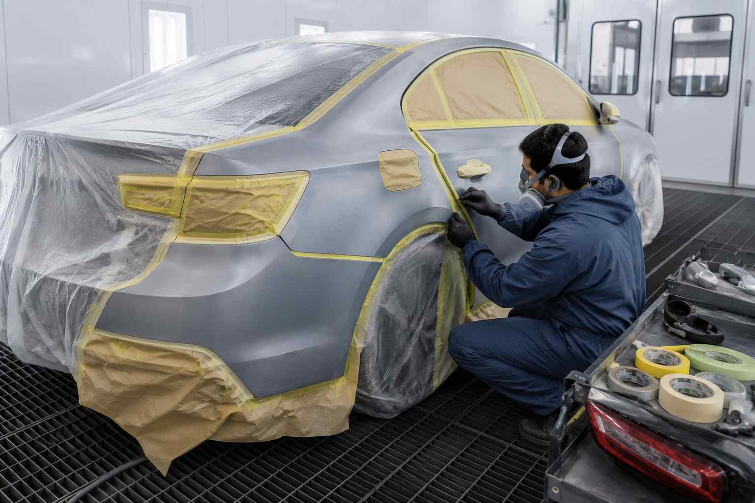 Professional vehicle masking protecting openings before automotive paint application