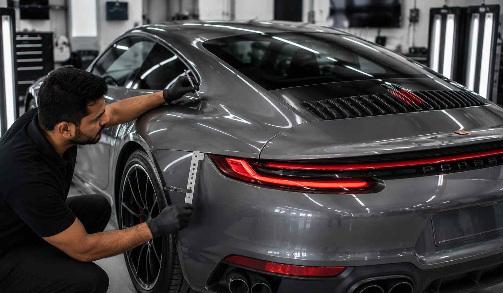 Porsche 911 Quality Control After Repair Porsche 911 undergoing final quality control after body repair