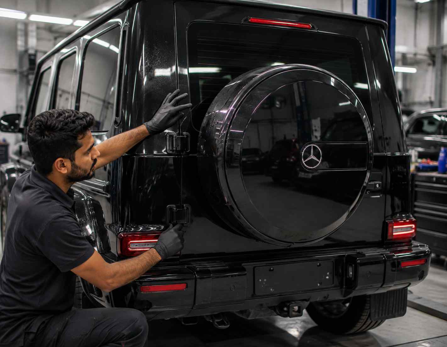 G-Class Rear Door and Spare-Wheel Alignment Mercedes-Benz G-Class rear door and spare-wheel carrier alignment inspected as one connected repair system