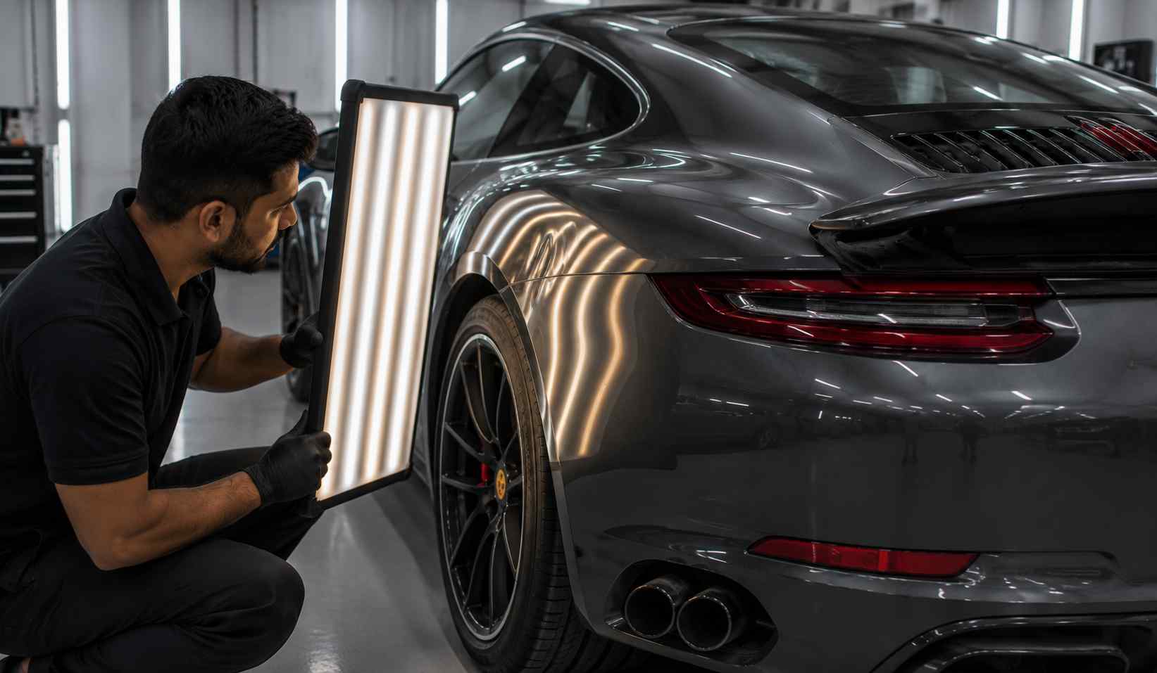 Reflection Control on Wide Porsche 911 Rear Quarters LED reflection control used to inspect a wide Porsche 911 rear quarter during body repair