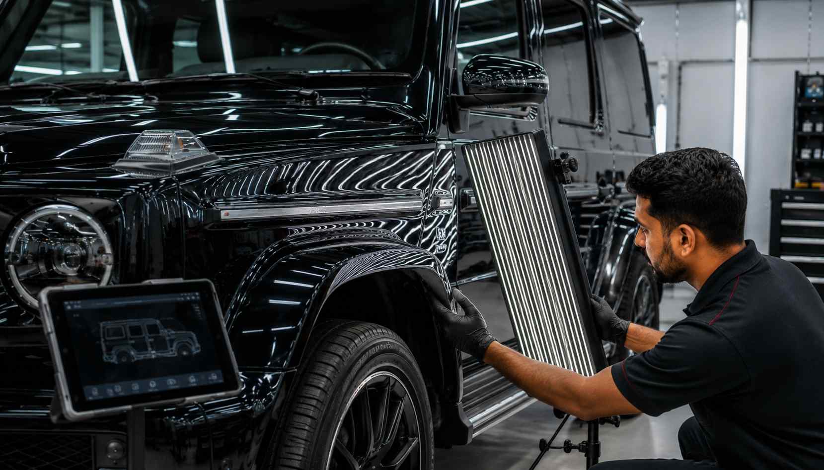Reflection inspection across a Mercedes-Benz S-Class panel before dismantling and body repair