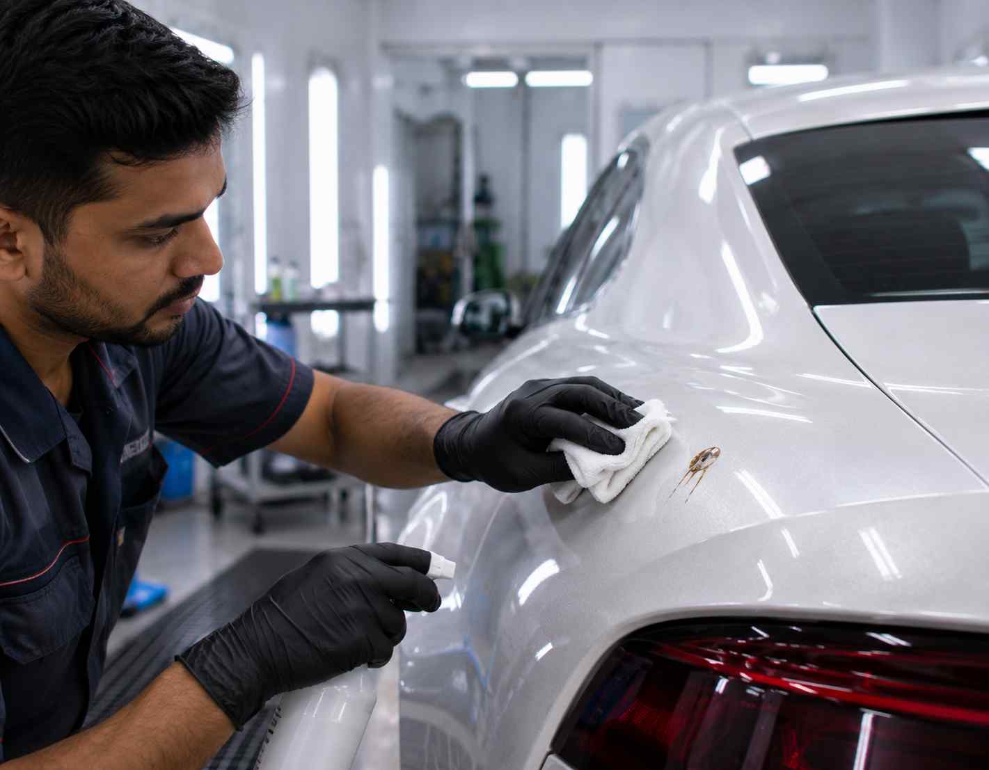 Technician safely removing contamination from freshly painted automotive bodywork