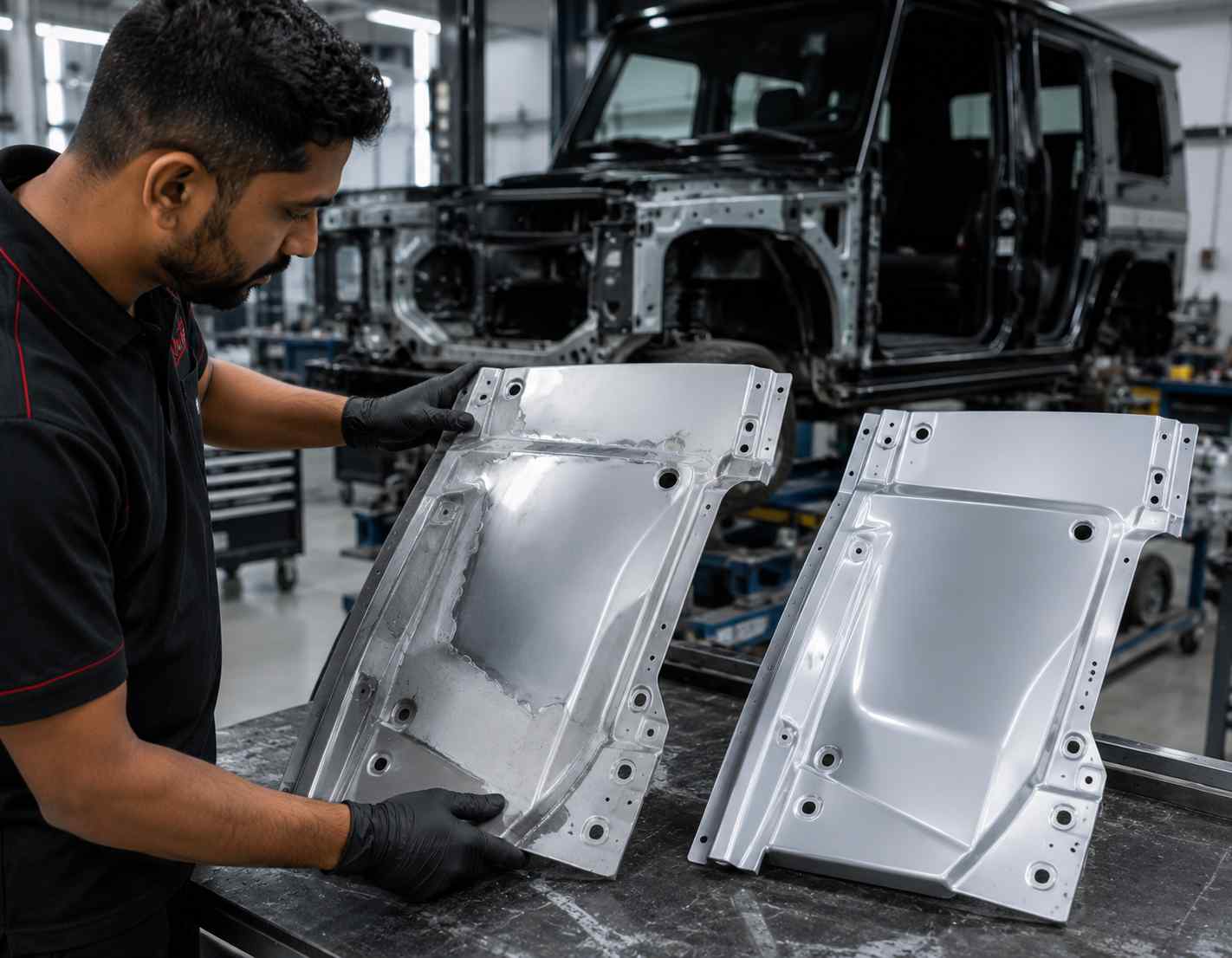 Porsche 911 Repair or Replacement Assessment Technician assessing Porsche 911 body damage for repair or component replacement