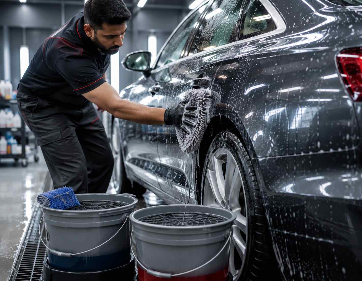 Vehicle being washed with safe hand-washing technique after automotive paint has cured