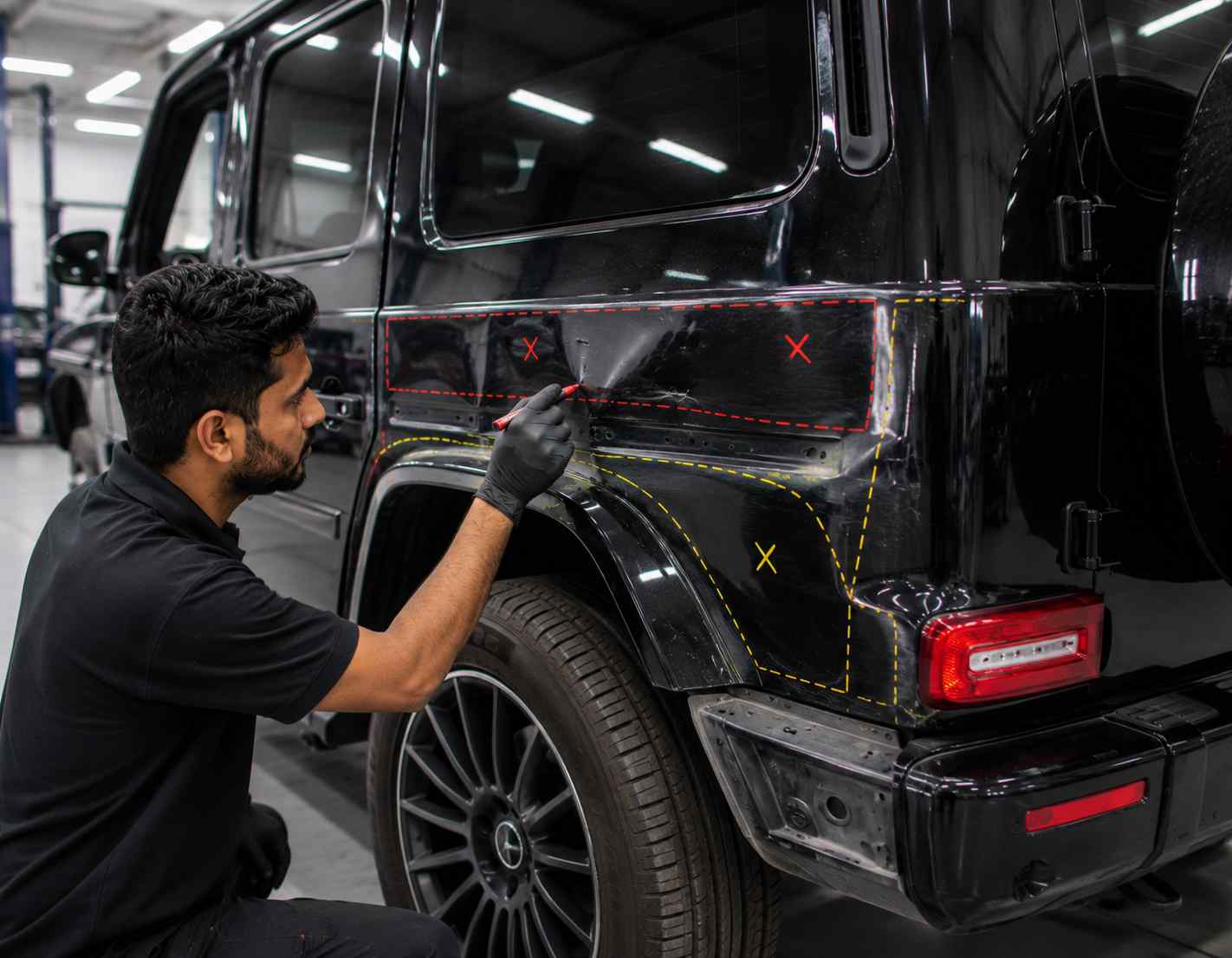 Selecting the Correct G-Class Repair Method Technician selecting the correct Mercedes-Benz G-Class repair method for the damaged body area
