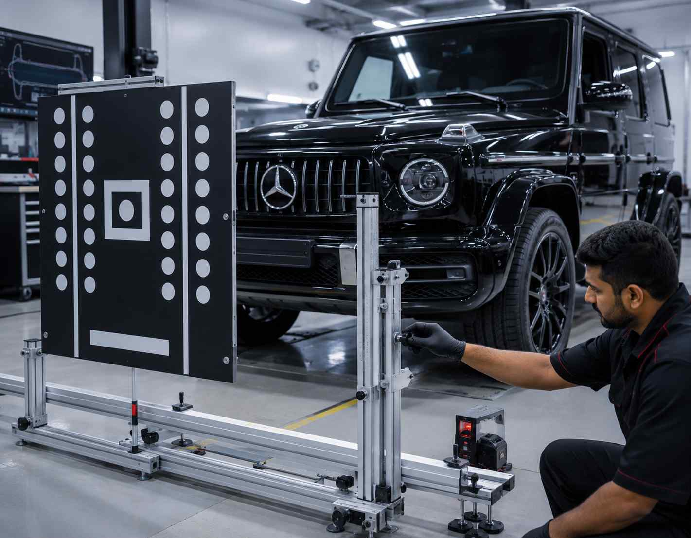 G-Class Sensor Alignment After Structural Repair Mercedes-Benz G-Class sensors checked against restored body and bracket geometry after structural repair