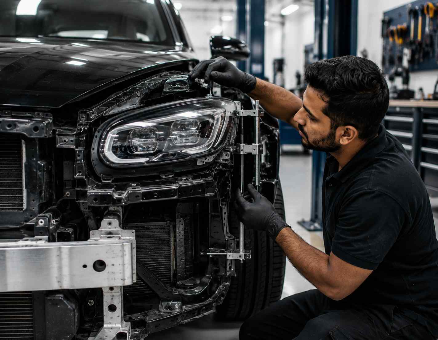 Mercedes-Benz S-Class lighting unit checked in a stable body mounting pocket during repair
