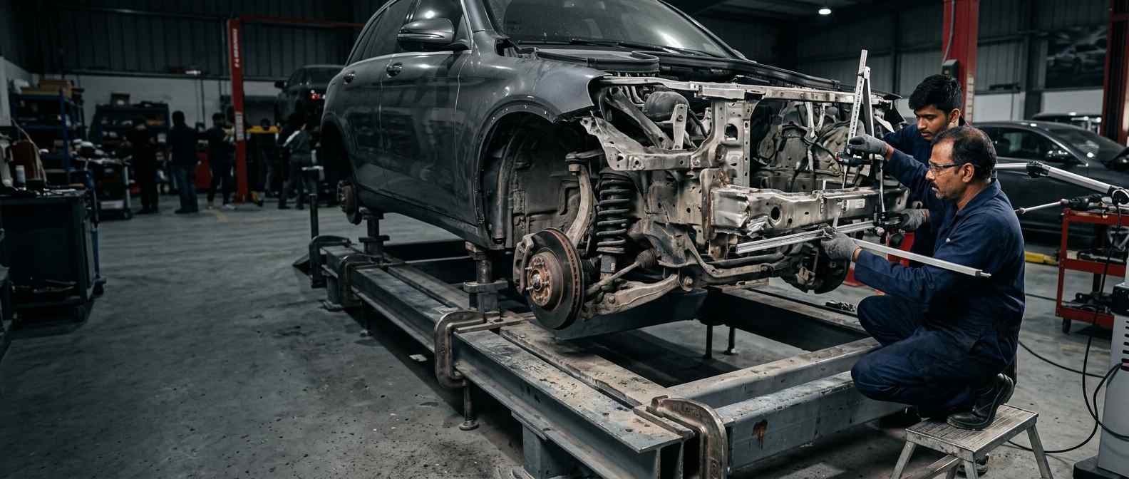 Car Chassis Repair Dubai Structural Inspection Structural chassis inspection after collision damage in a Dubai body shop