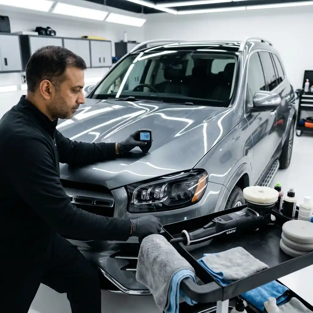Technician measuring automotive paint thickness before clear coat correction in Dubai