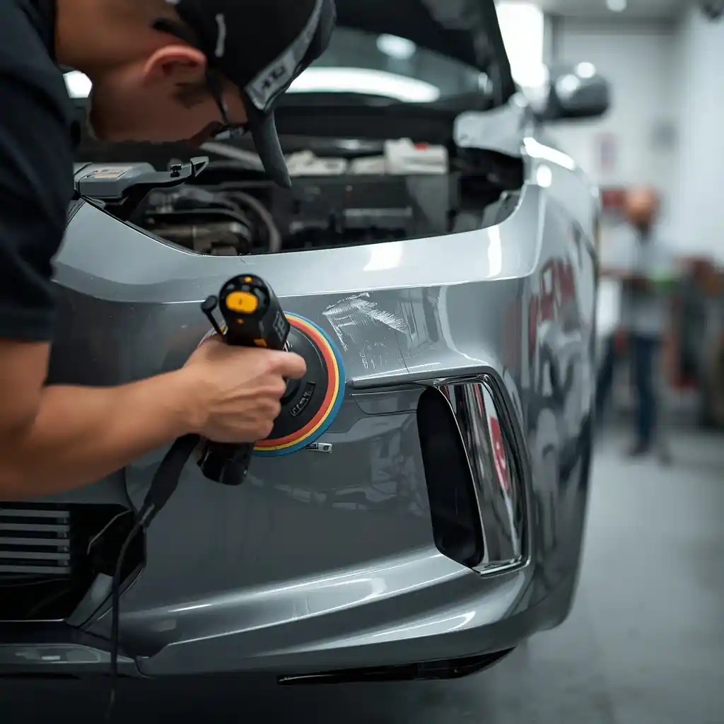 Technician performing precision spot repair on a front bumper