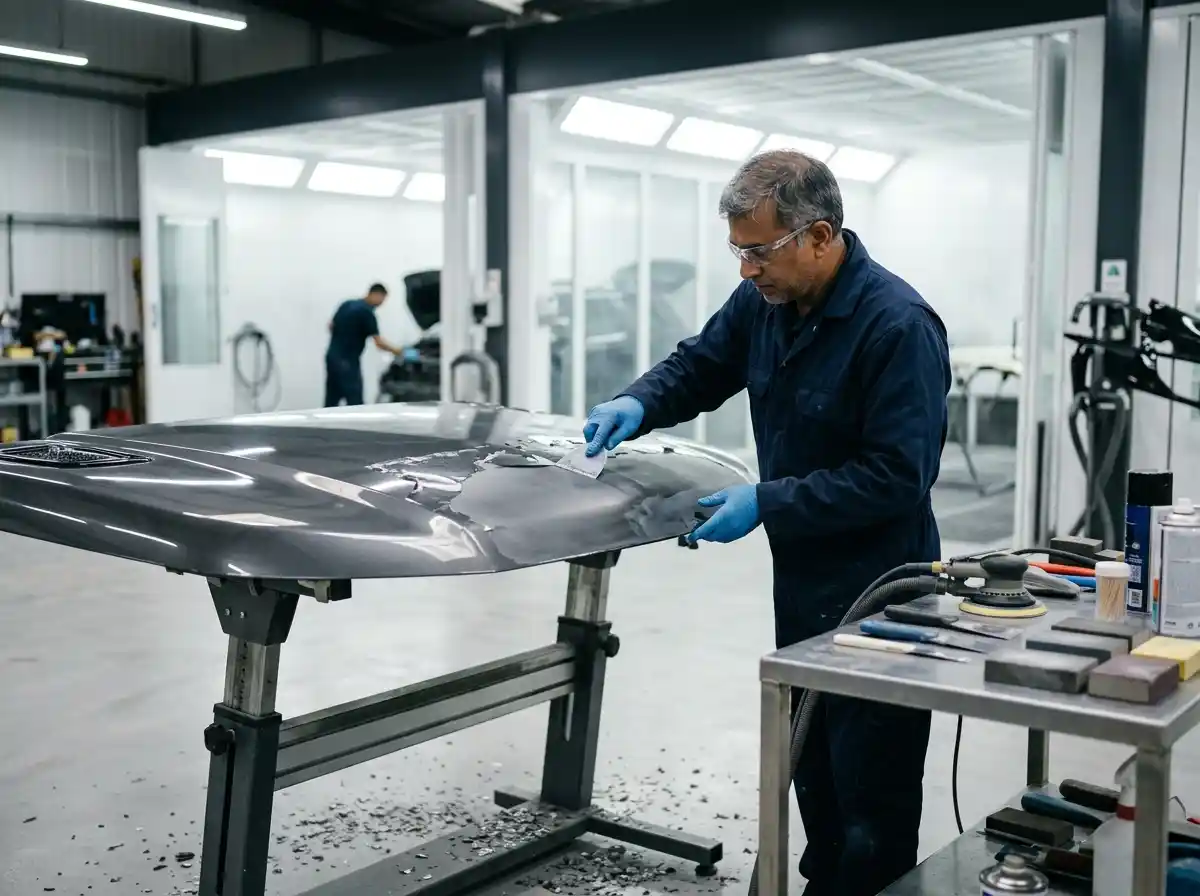 Technician removing failed clear coat before automotive paint refinishing in Dubai