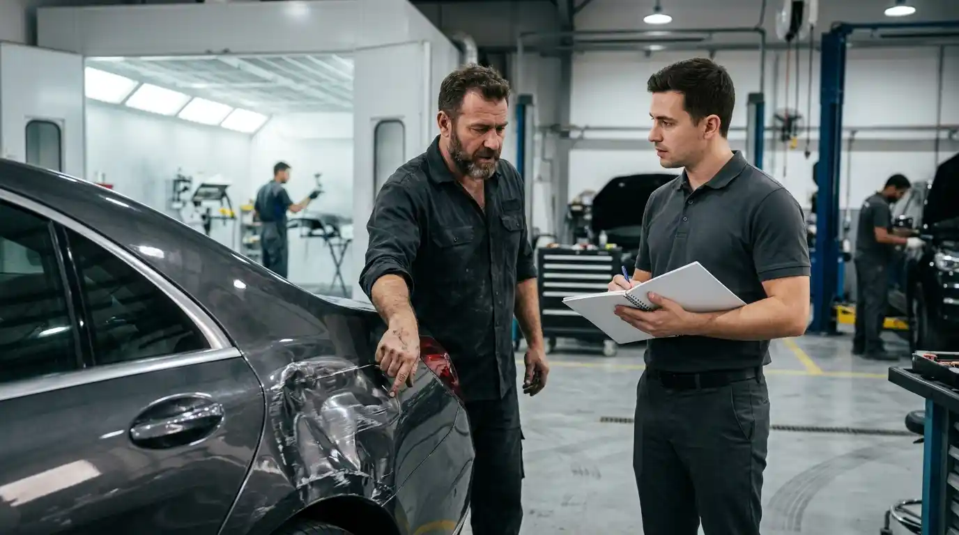 Body repair technician explaining repair versus replacement limits using the damaged component