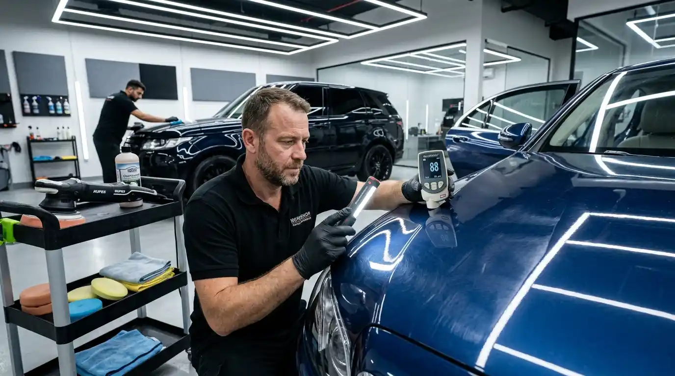 Technician inspecting the weakest faded paint panel to set a safe restoration limit in Dubai