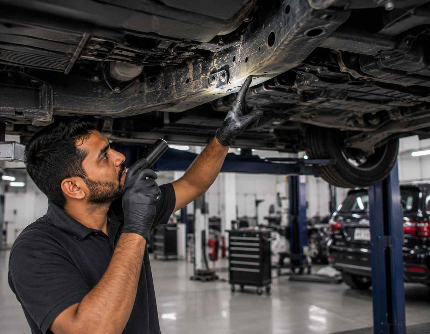 Range Rover Sport underbody damage inspected before body repair approval