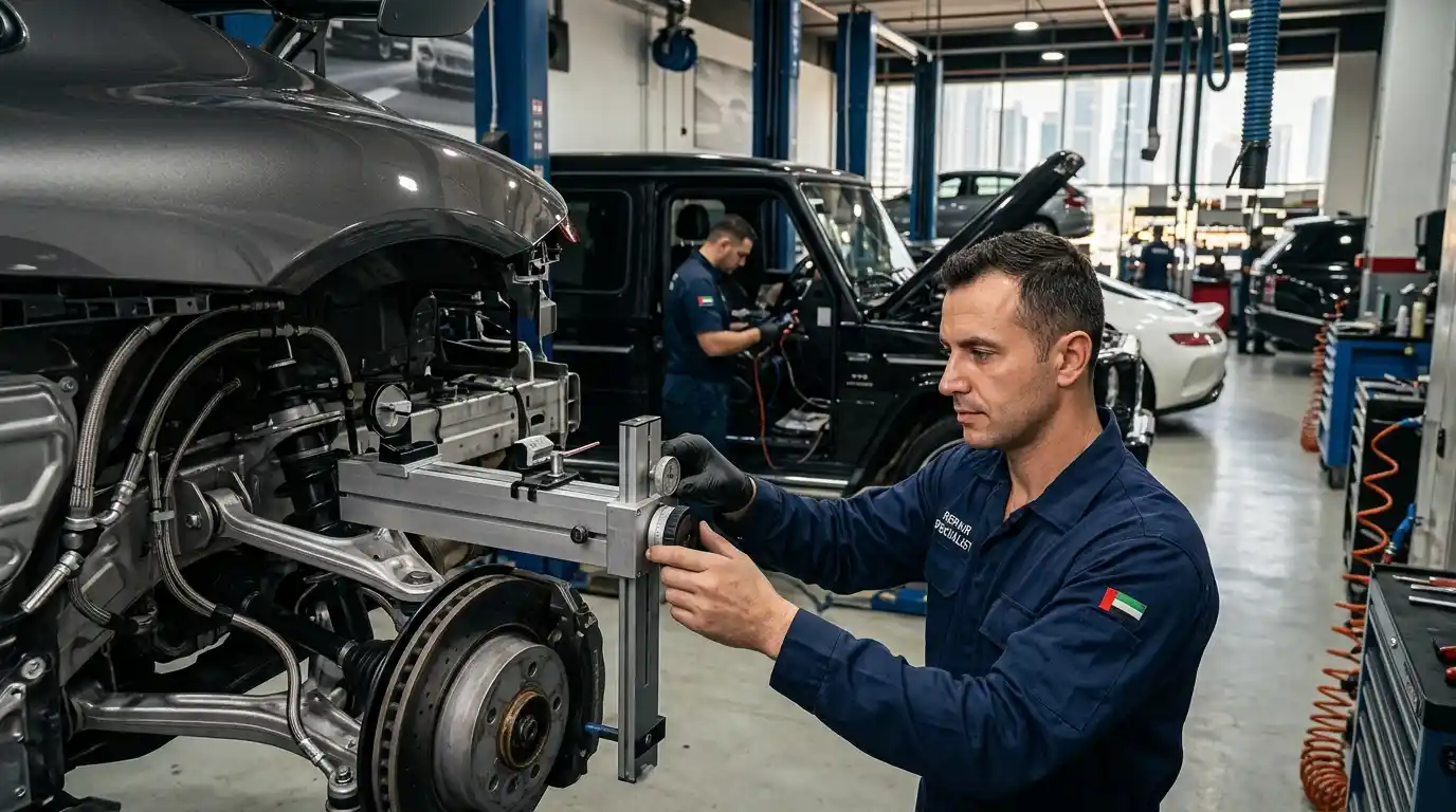 Body repair technician demonstrating the task-specific skill required for an automotive repair