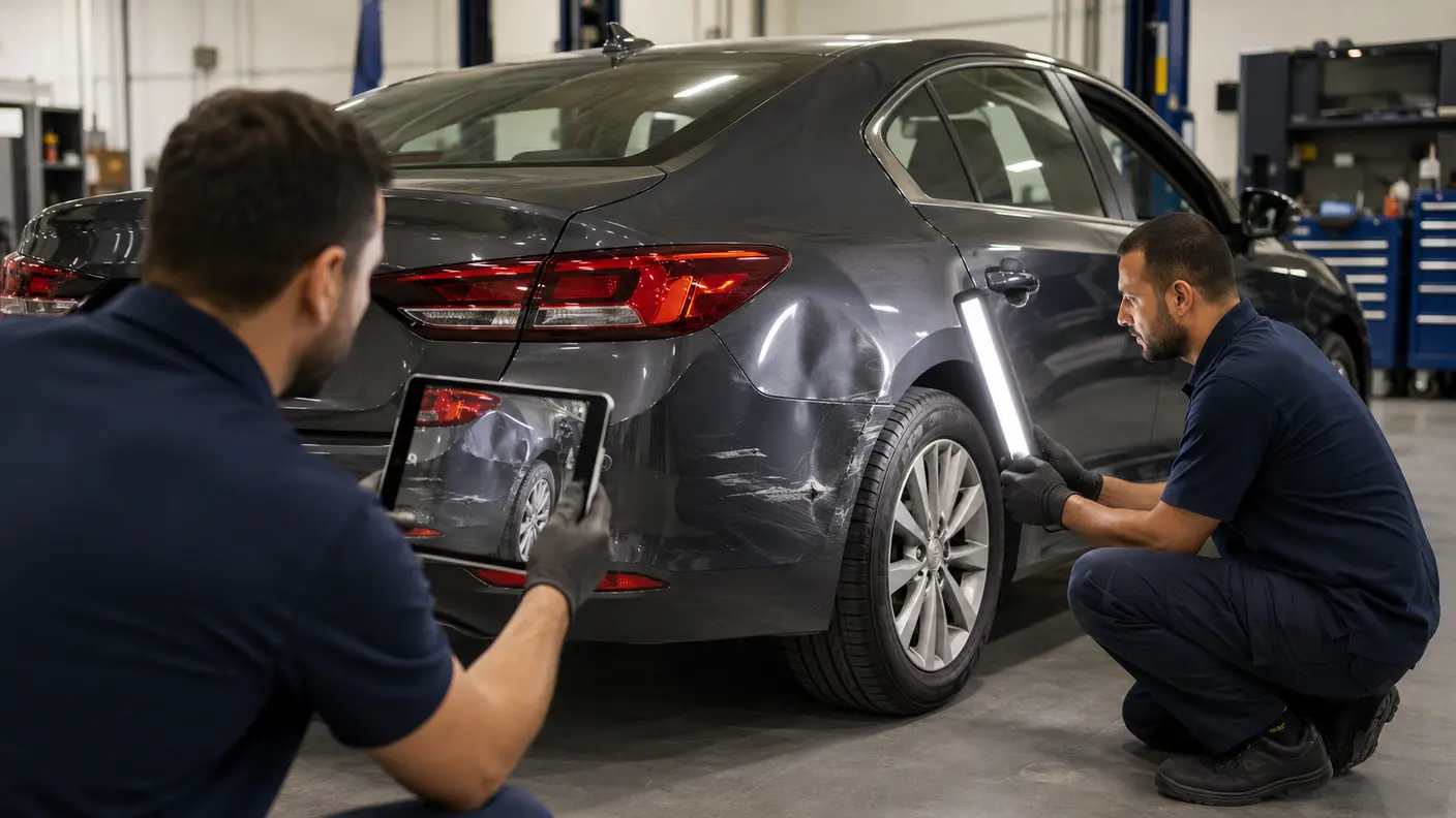 Technicians photographing rear-quarter accident damage before preparing an insurance repair scope in Dubai.