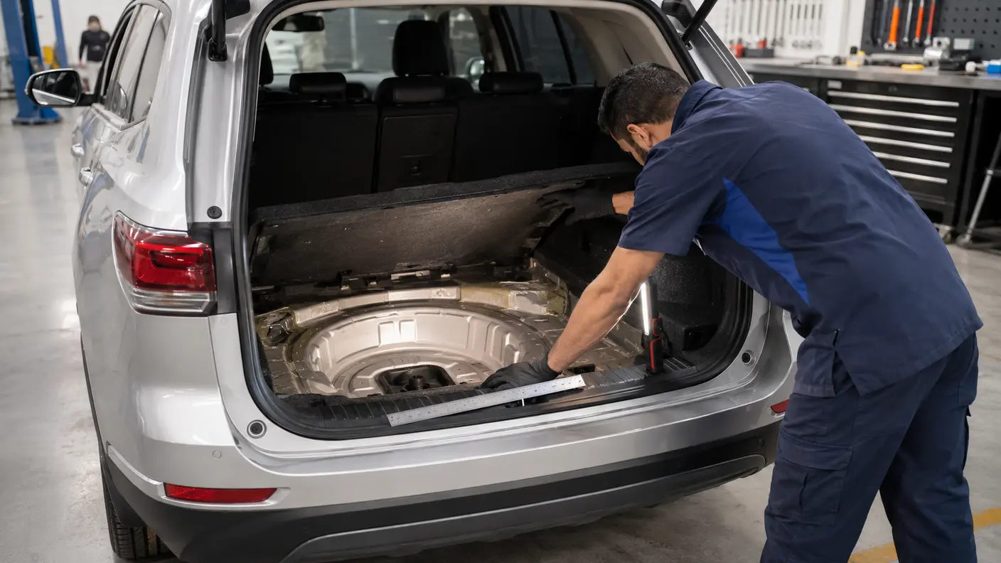 Technician inspecting the boot floor and spare-wheel well after a rear impact.