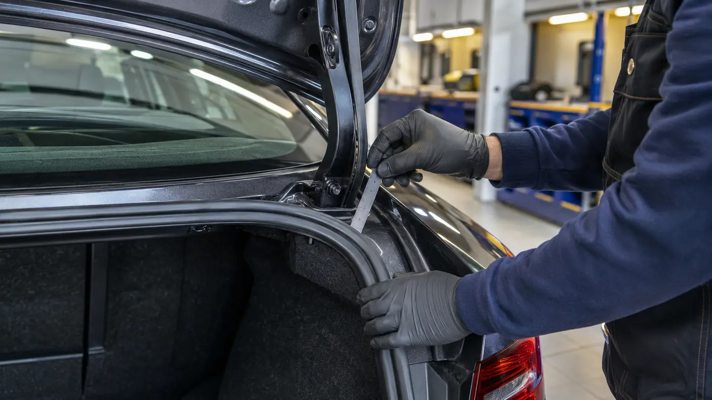 Gloved technician checking a saloon boot lid hinge and weather seal inside a Dubai body shop.