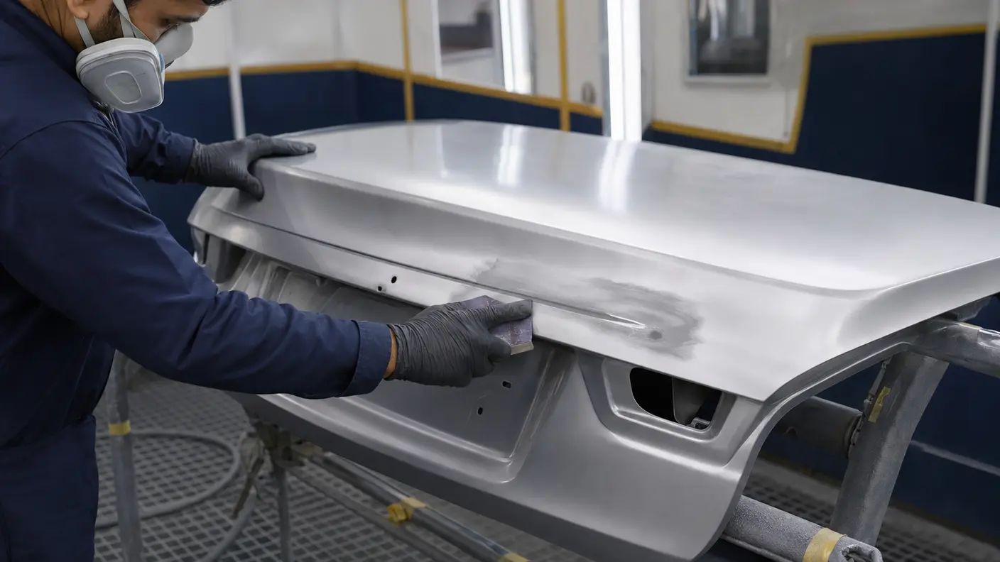 Technician preparing a repaired saloon boot lid surface before repainting in a Dubai body shop.