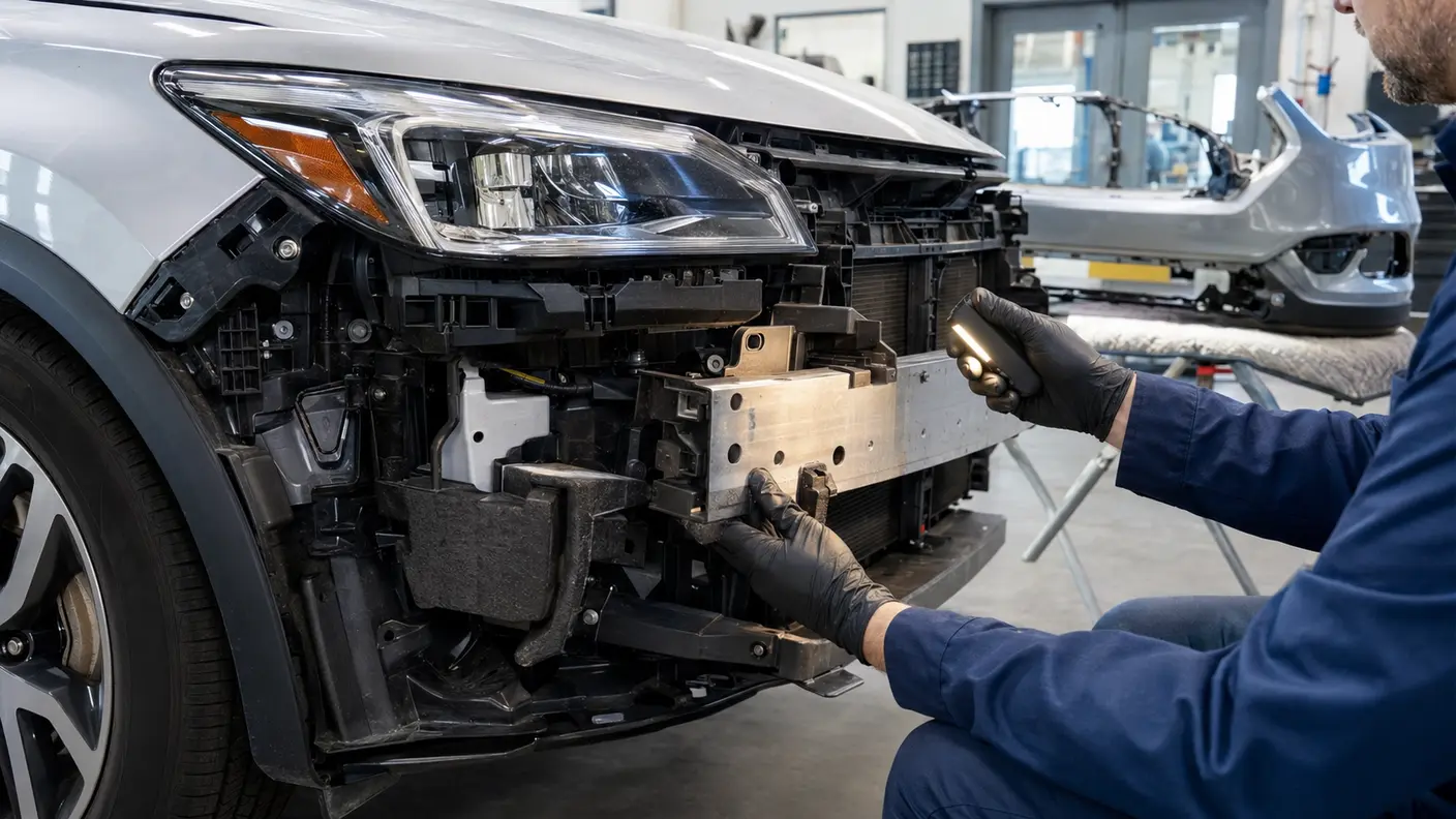 Technician inspecting reinforcement, absorber and mounting areas behind a removed front bumper cover.