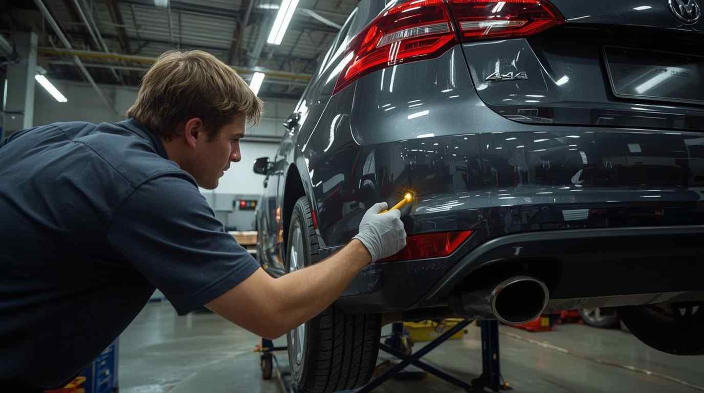 Technician inspecting rear bumper damage under workshop lighting in Dubai
