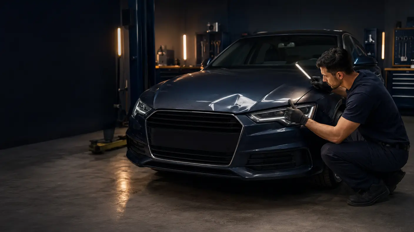 Technician inspecting a dented car bonnet and its fender alignment in a Dubai body shop.