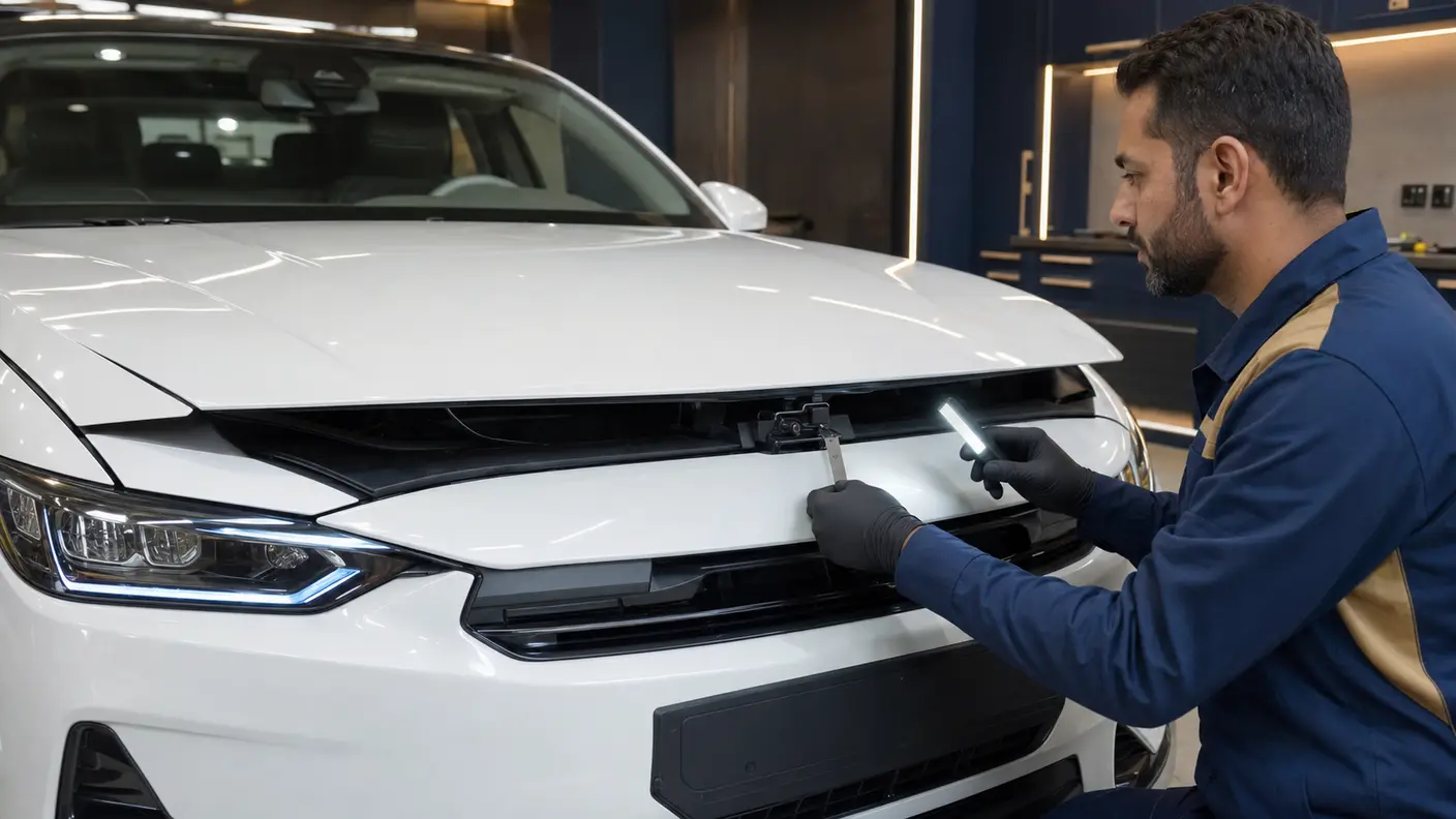 Technician checking a car bonnet latch area, leading-edge height and surrounding panel gaps in Dubai.