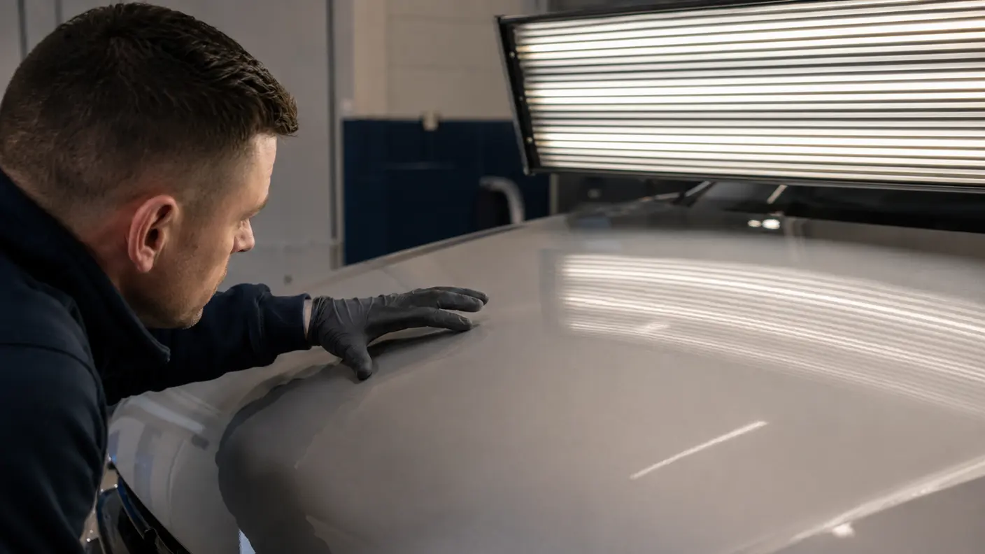 Technician checking reflection flow across a repaired car bonnet under an inspection light in Dubai.