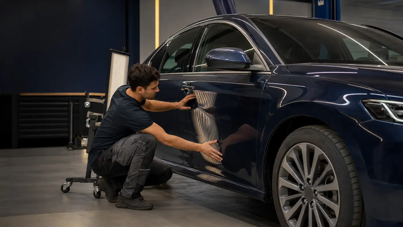 Technician inspecting a dented car door with a reflection light in a Dubai body shop.