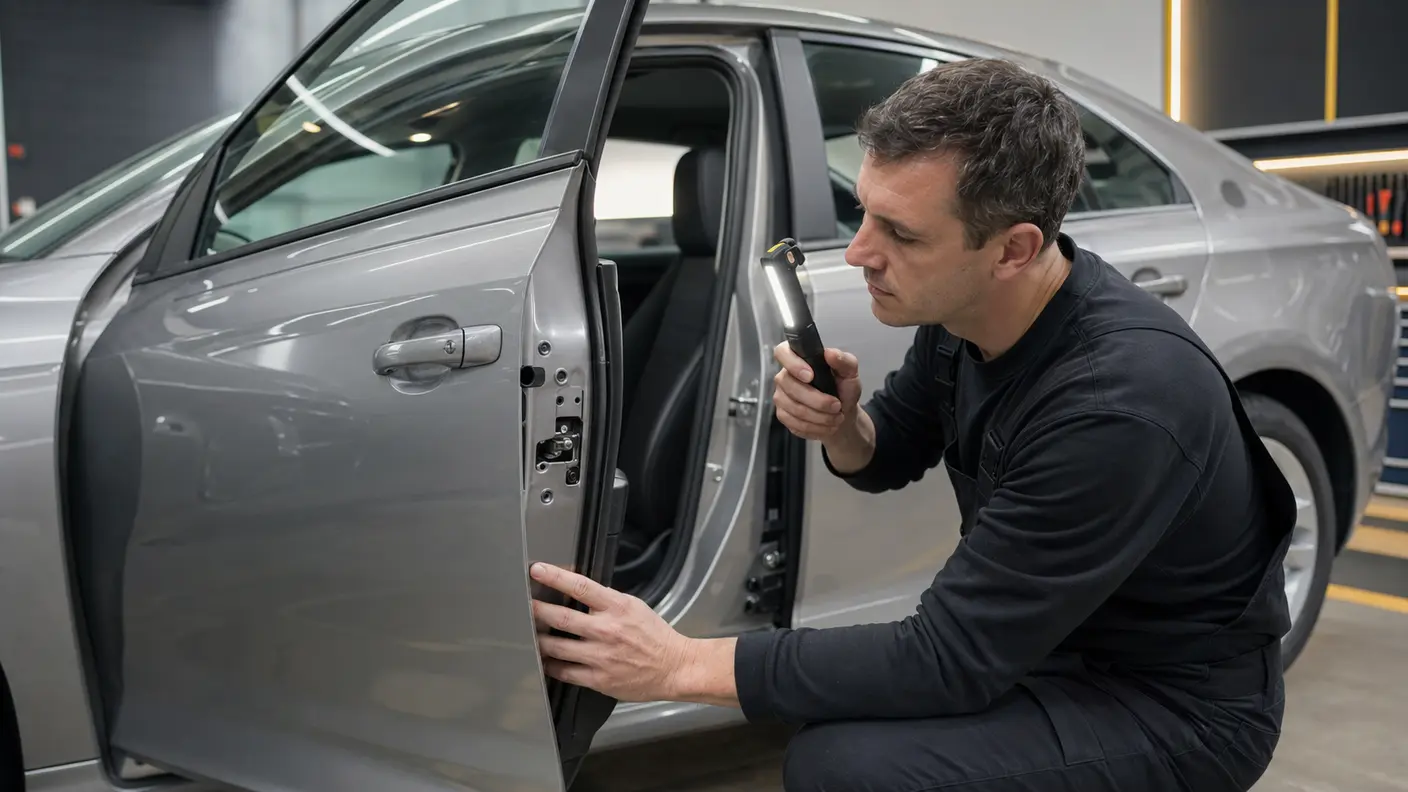 Technician inspecting the open door edge, latch area and weather seal of a car in Dubai.