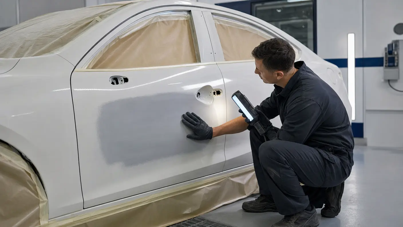 Technician checking a prepared car door surface before painting in a Dubai body shop.