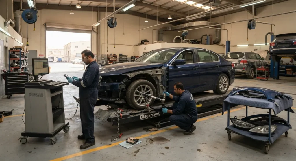 Technicians measuring and aligning vehicle structure after a front-end collision in Dubai