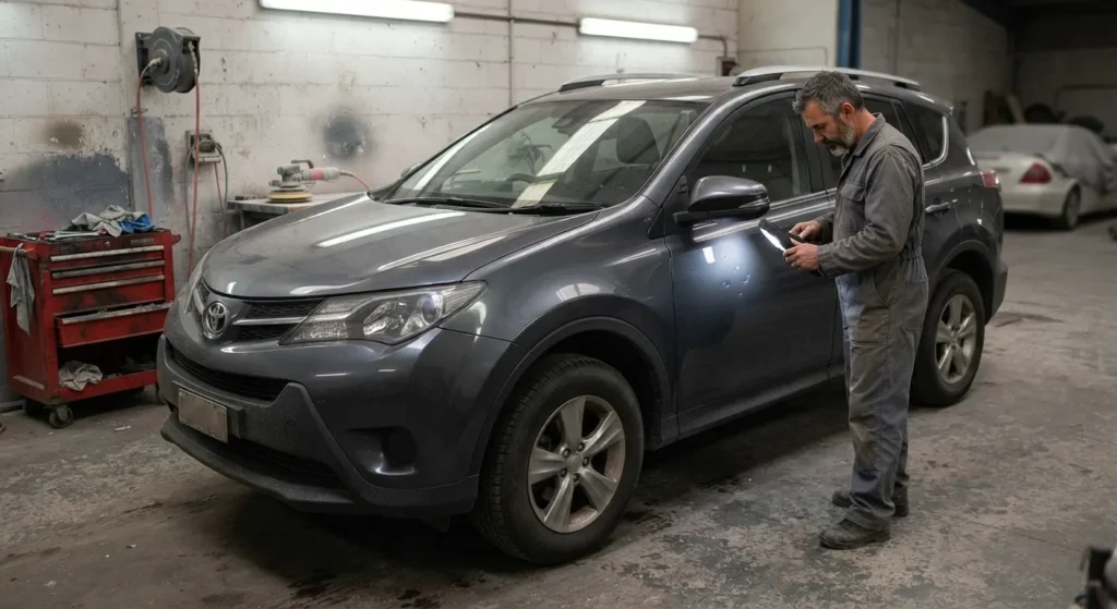 Technician inspecting car paint fisheyes on an SUV door using an LED light in an automotive garage