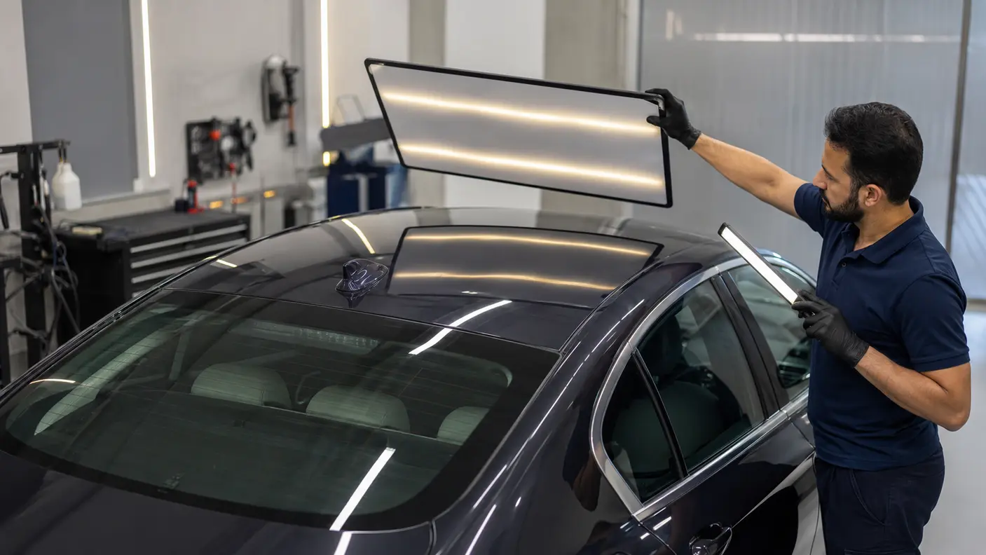 Technician inspecting broad reflections across a car roof for shallow dents in a Dubai body shop.