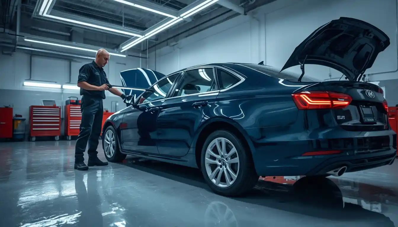 Initial inspection for car scratch repair on a glossy vehicle panel in Dubai