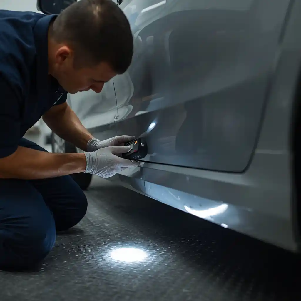 Technician inspecting automotive scratch depth under directional light in Dubai