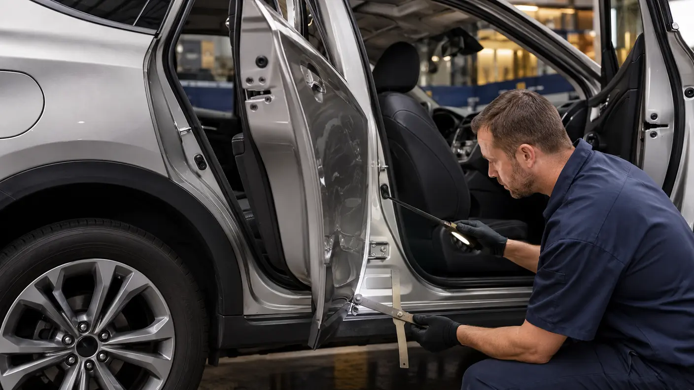 Technician measuring the door aperture, latch and sill alignment during side impact repair in Dubai.