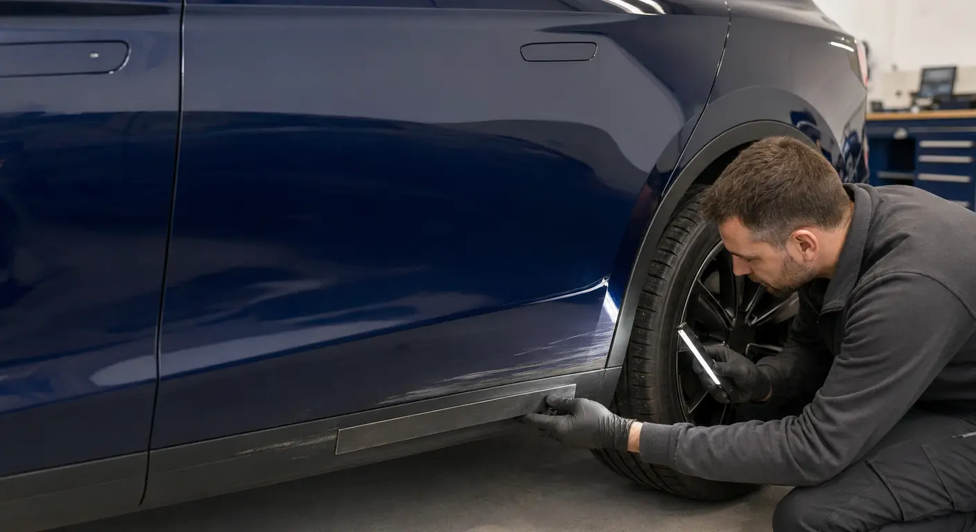 Technician inspecting a scraped lower side sill and rear wheel arch on a modern electric vehicle in Dubai.