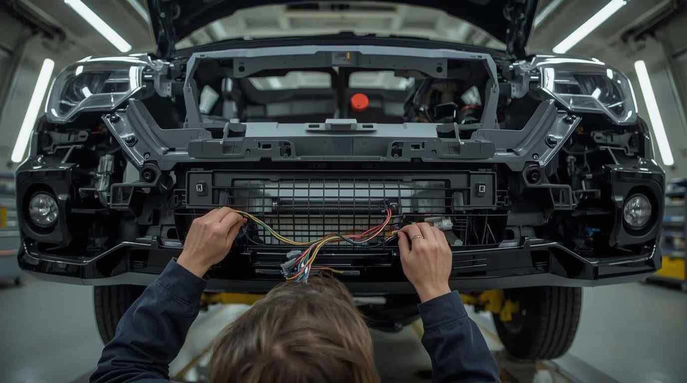 Technician disconnecting bumper wiring and sensor connectors during inspection
