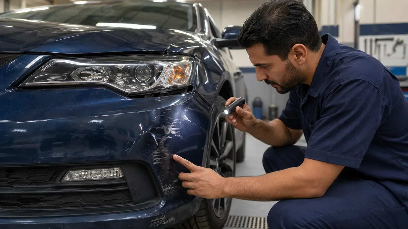 Technician inspecting scuffs, deformation and panel gaps around a damaged front bumper corner in Dubai.