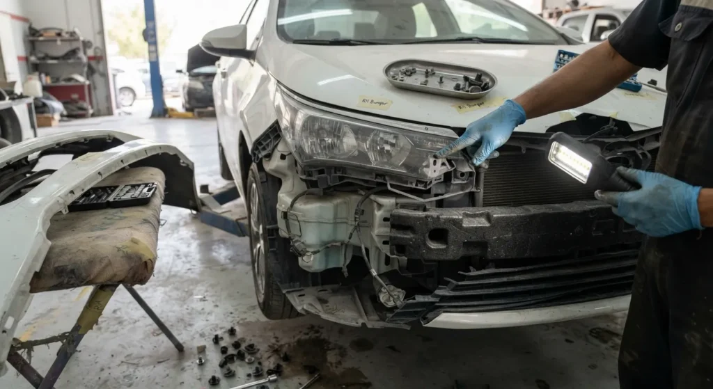 Body shop technician inspecting bumper and hidden front-end components before an accident repair estimate in Dubai