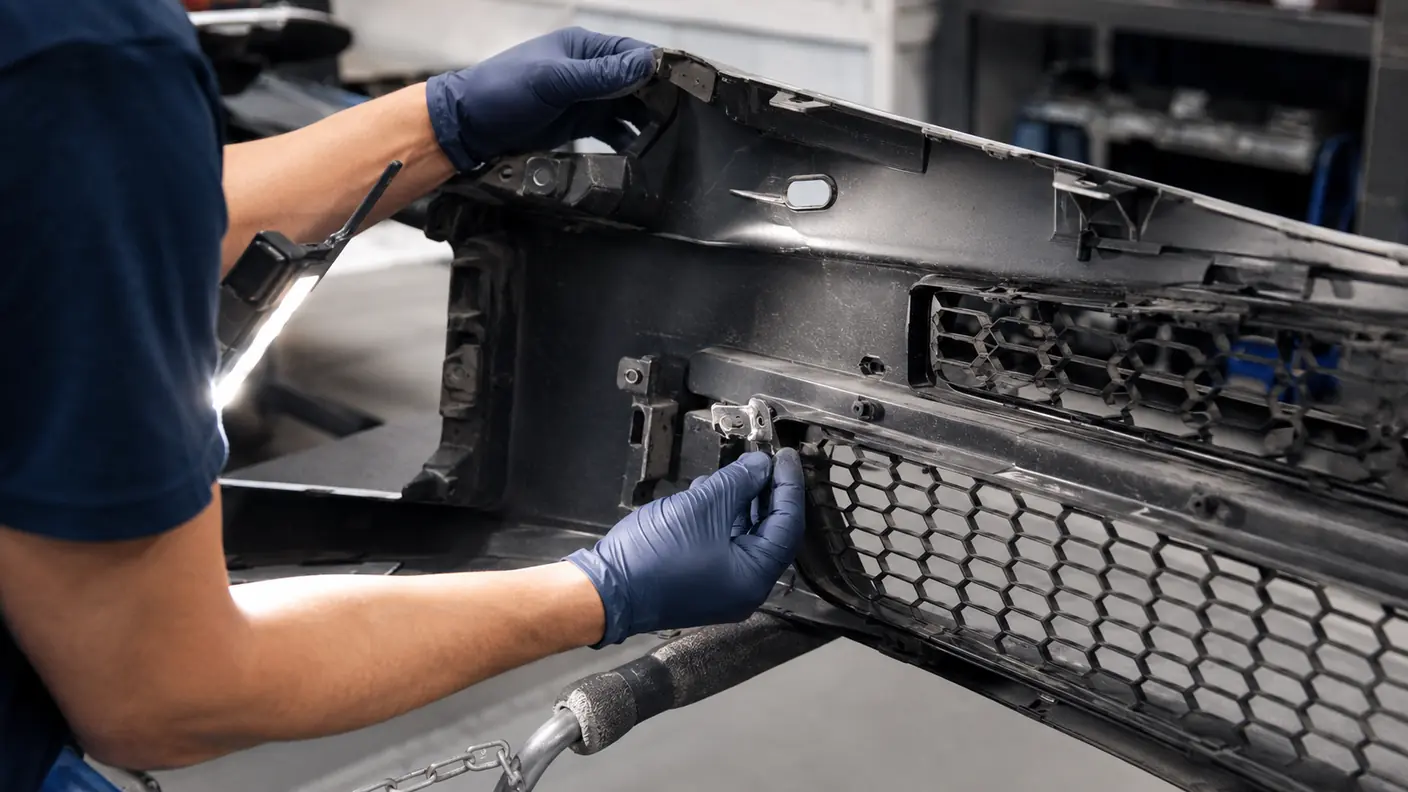 Technician checking front bumper mounting tabs, retainers and lower grille connections on a workshop stand.