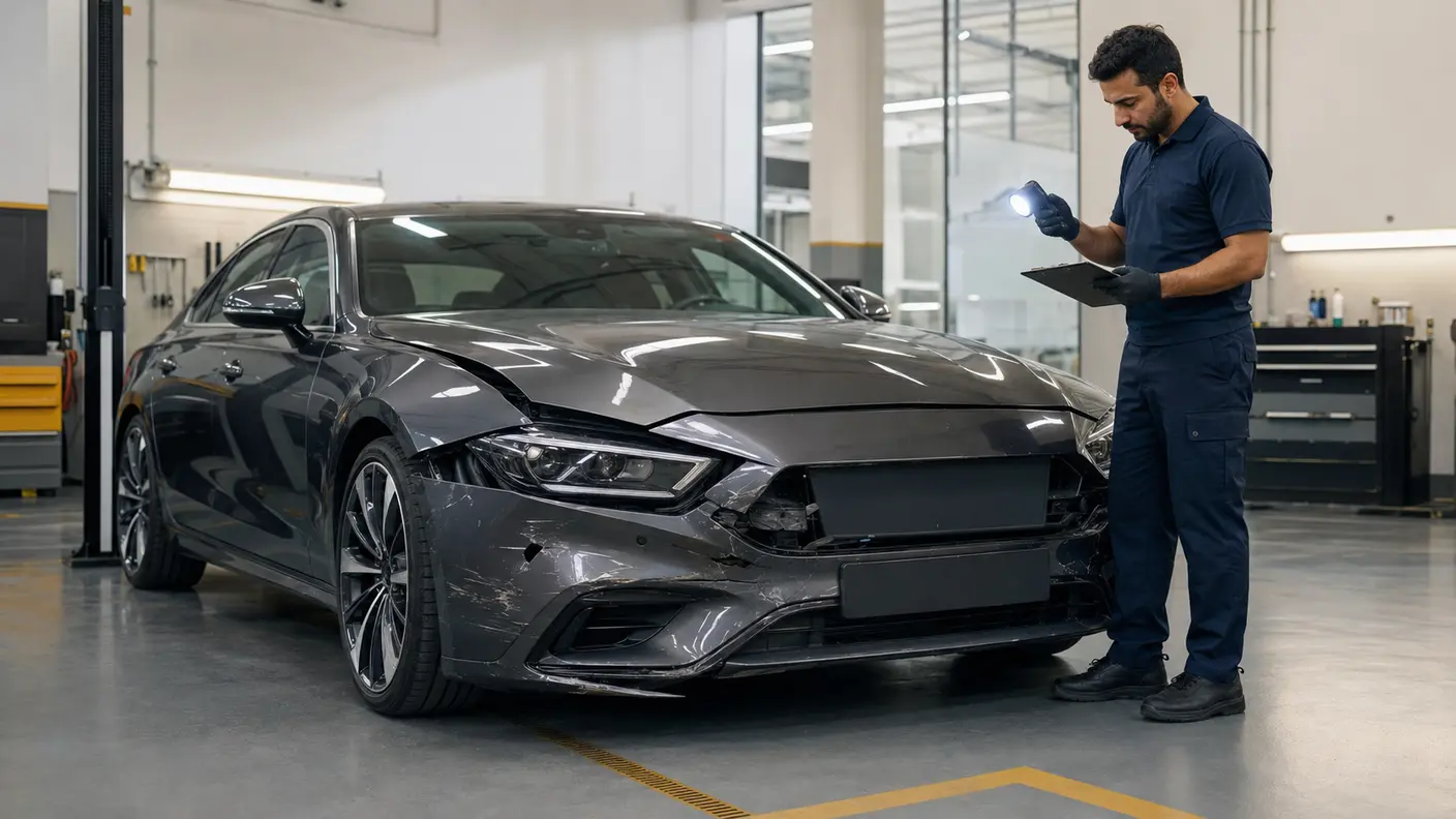 Technician assessing visible front-end collision damage on a badge-free vehicle in a Dubai body shop.