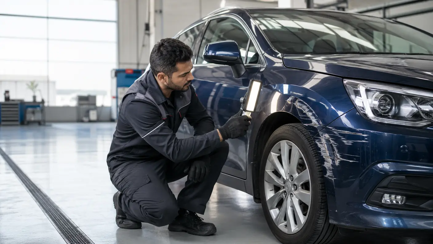 Technician inspecting a creased front fender and wheel arch beside the bonnet, door and bumper in a Dubai body shop.
