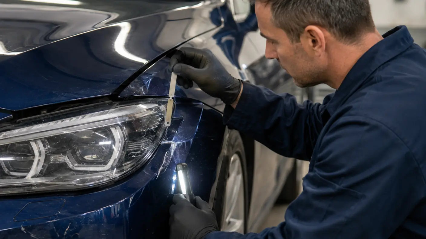 Technician checking bonnet, headlamp and fender alignment after front-corner collision damage.