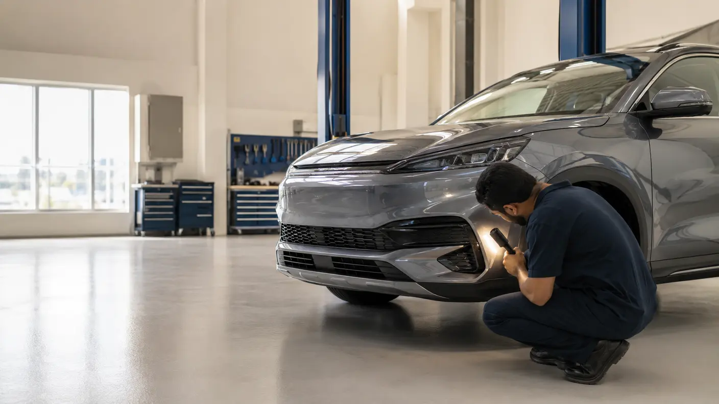 Technician inspecting front bumper damage on an unbadged compact crossover in a Dubai body shop.